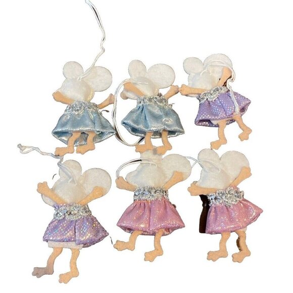 Mouse Mice Fabric Felt Glittery Dresses Ornaments‎ Mini Christmas Set Of 6 NEW - Picture 2 of 3
